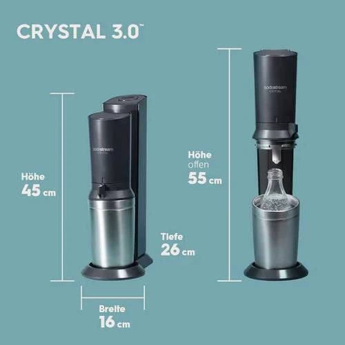 Wassersprudler Crystal 3.0 Quick-Connect CO2-Zylinder und 3x Glaskaraffen, Silber, Schwarz/Titan
